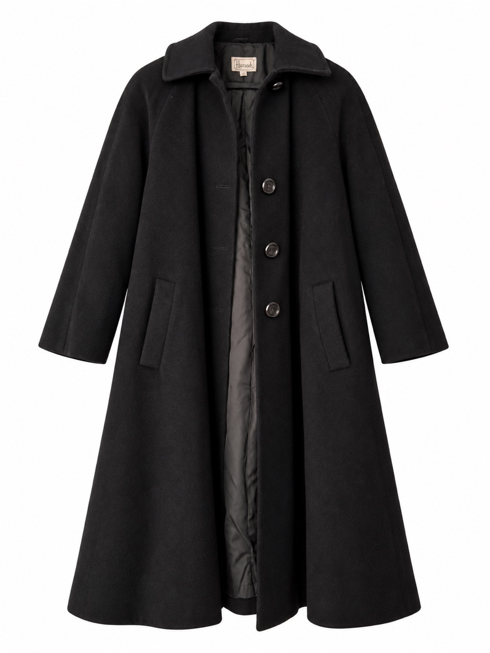 Harrods Vintage Black Long Swing Wool-Blend Trench Coat